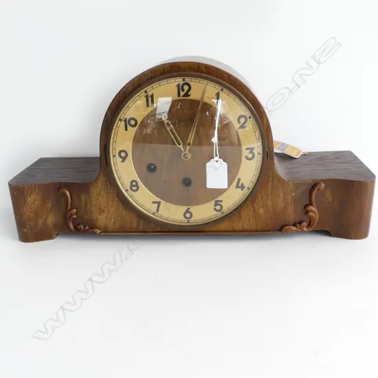 1940'S GERMAN KIENZLE WALNUT MANTLE CLOCK gong strike labelled & with pendulum