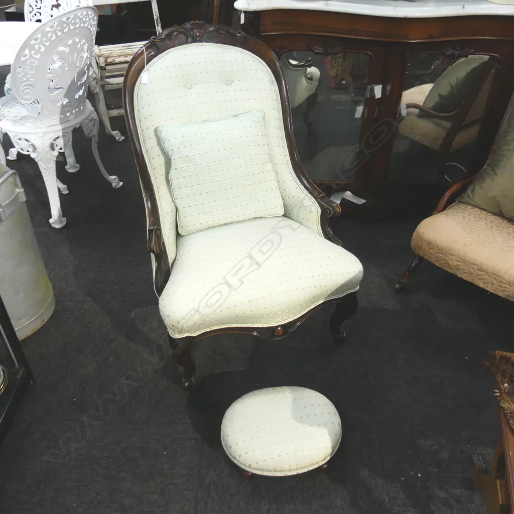 VICTORIAN PALE BLUE UPHOLSTERED NURSING CHAIR- AND STOOL Image 1++