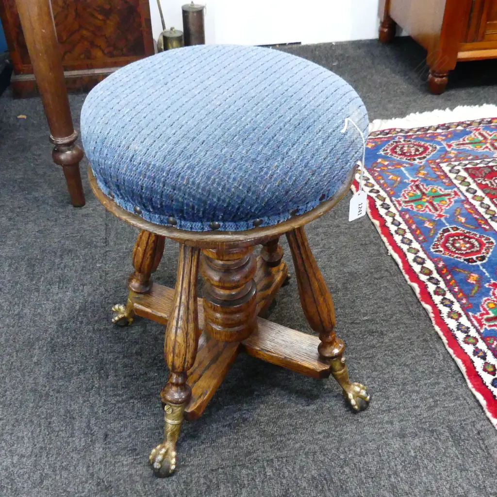 ADJ. ANTIQUE REVOLVING MUSIC STOOL w. CLAW & BALL FEET Image 1++