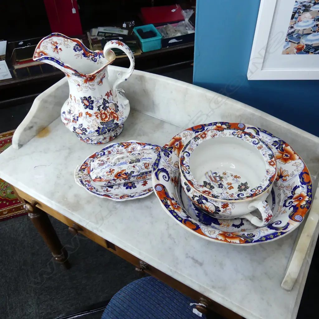 5 PCE 19thC AMHERST IMARI WASH SET; BASIN 365mm dia, POTTY, JUG, DISH & LIDDED CONTAINER - REPAIRS Image 1++