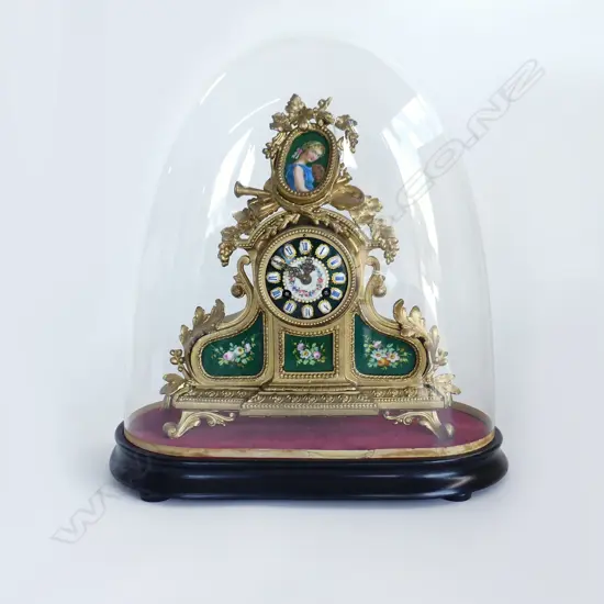 DOMED FRENCH MANTLE CLOCK ON STAND, REGUILDED & MINOR DAMAGE, H.445mm (w dome & stand) KEY