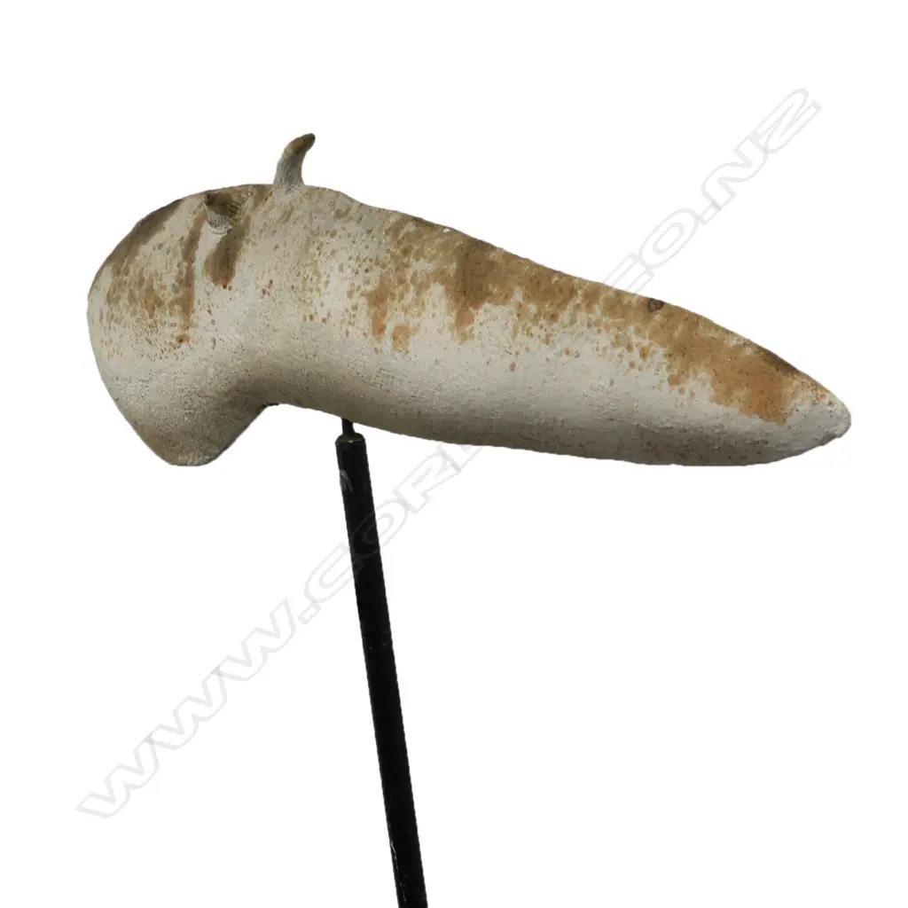 Steve Fullmer large fish sculpture on stand the fish with protruding eyes and of long tapered form, the pale body with brown highlights. L.910mm. Raised on a steel rod with rectangular wave top base, showing some rust and distress. H.1730. Image 1++