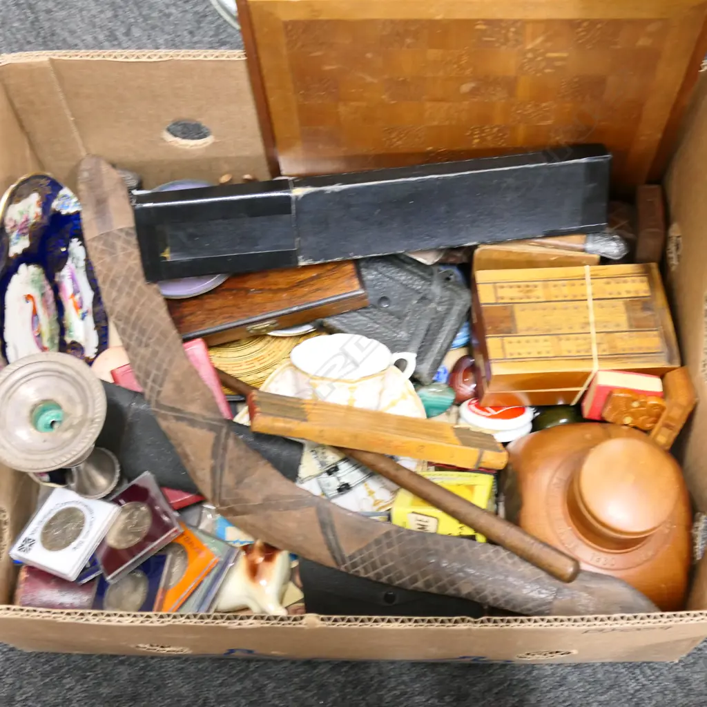 BOX LOT ASST. TREEN, CHINA, TOOLS, POLISHED STONES ETC Image 1++