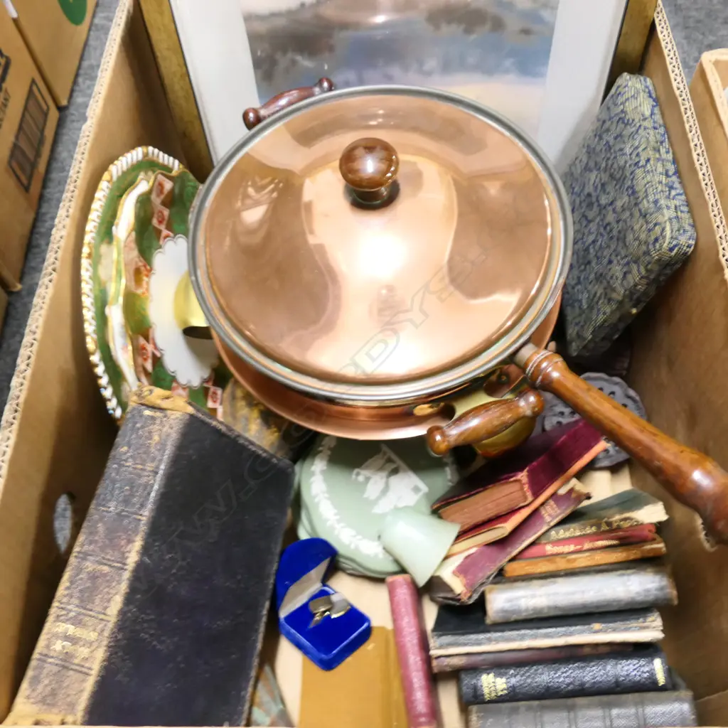 BOX LOT ANTIQUE BOOKS, PR FRAMED SILK PRINTS, FONDUE POT ETC Image 1++