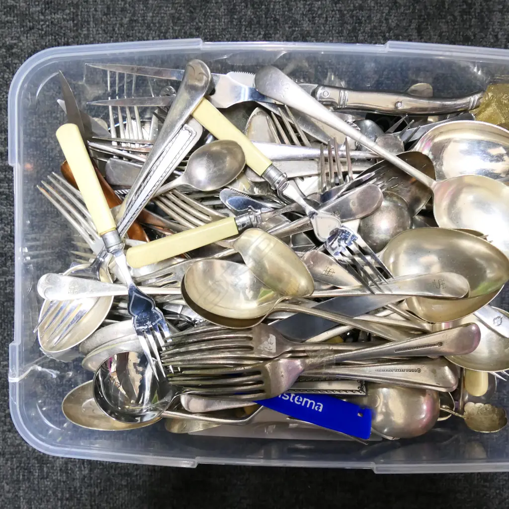 LARGE BOX MIXED OLD CUTLERY, SOME BONE HANDLED Image 1++