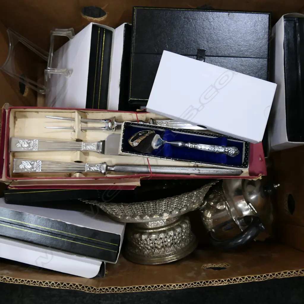 BOX LOT 12 JEWELLERY BOXES, EP TEAPOT, COMPORT, CASED CUTLERY Image 1++
