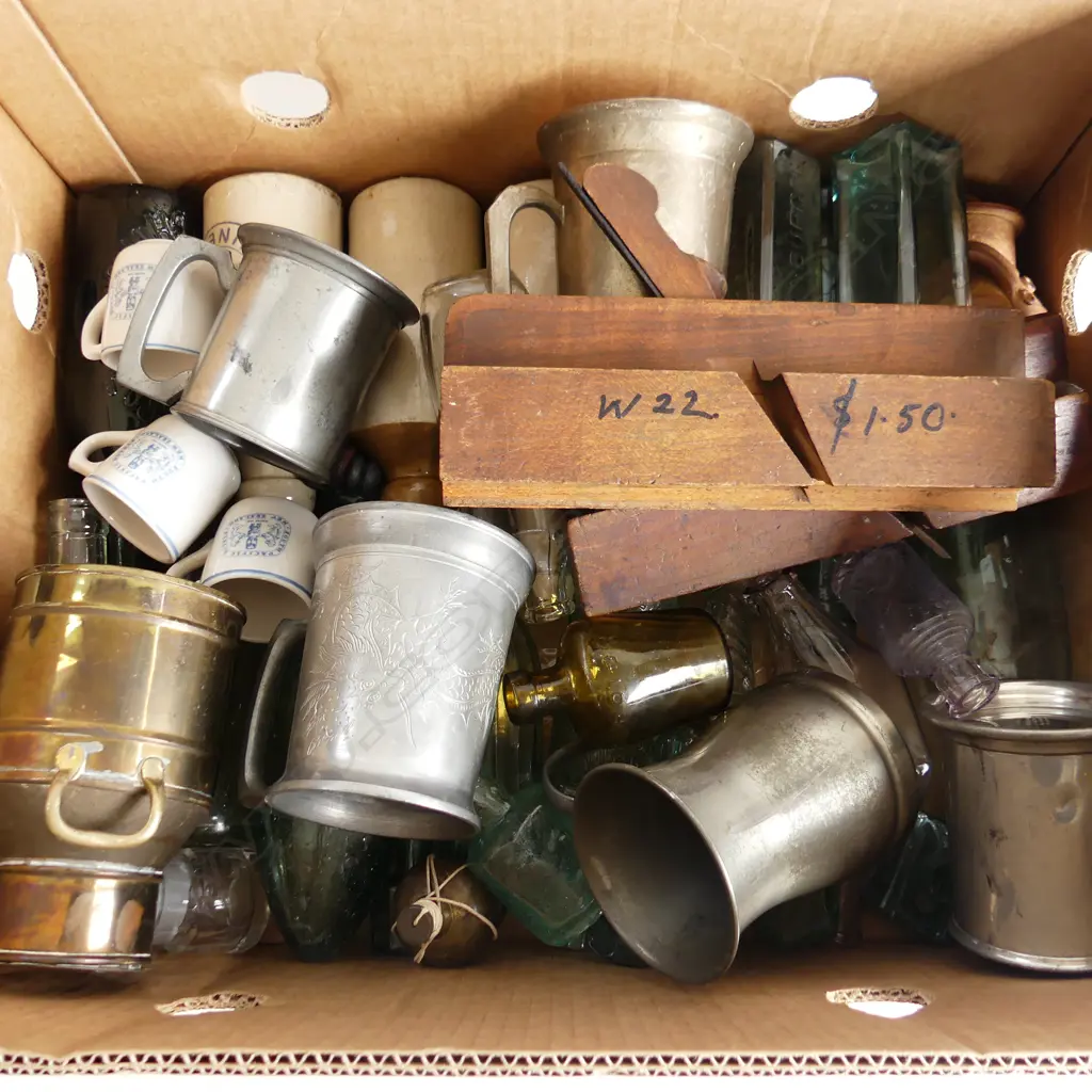BOX LOT OLD BOTTLES, WOODEN PLANES, EP TANKARDS ETC Image 1++