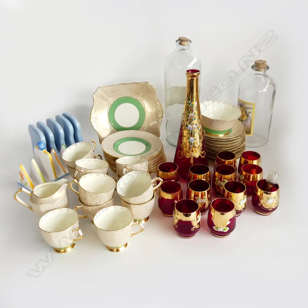 BOX LOT ASST. CHINA; TEA SET, MURANO DECANTER & GLASSES ETC Image 1++