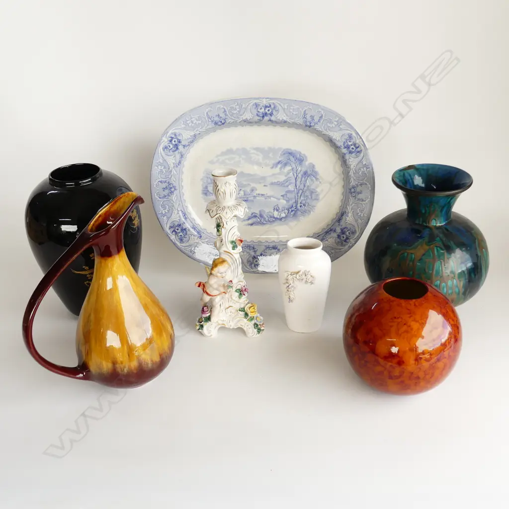 BOX: VICTORIAN B&W ASHETTE + 4 VASES + JUG + GERMAN STYLE CHERUB CANDLESTICK Image 1++