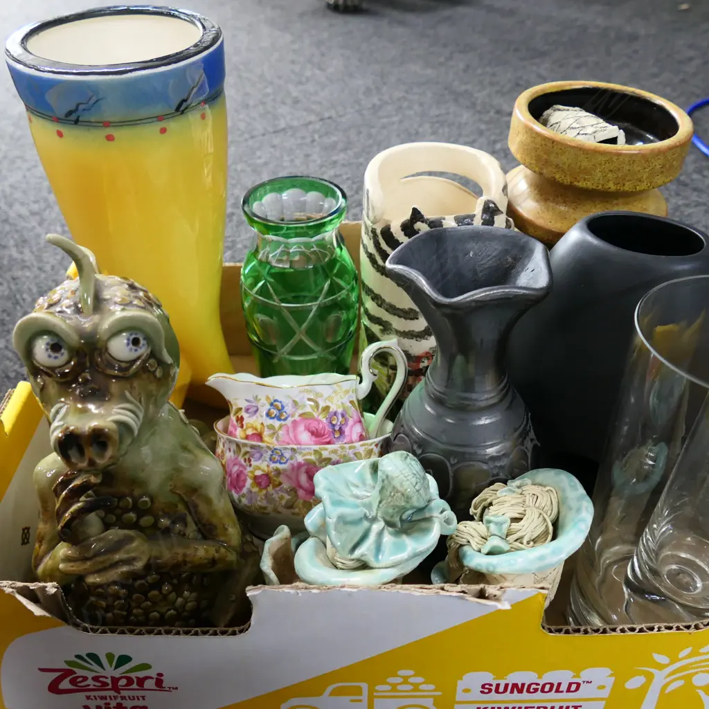 BOX LOT ASST. STUDIO POTTERY; DRAGON, VASES, ROYAL ALBERT ETC Image 1++