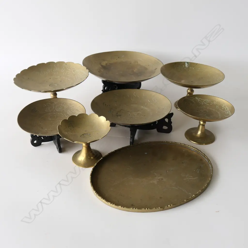 8 PCS ASSTD CHINESE VINTAGE BRASS DISHES, some w wooden stands Image 1++