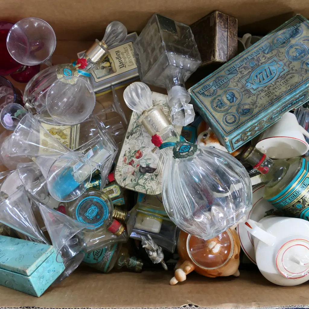BOX LOT ASST. GLASSES, PERFUME BOTTLES, CHILDS TEA SETS ETC Image 1++