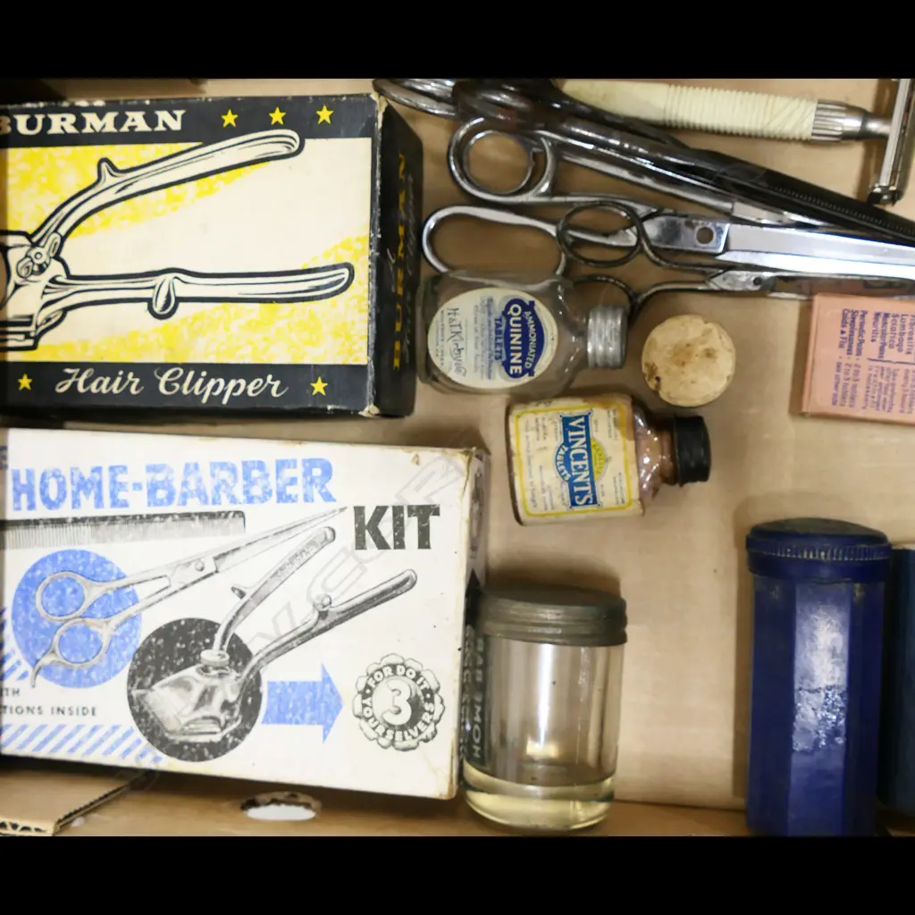 VARIOUS VINTAGE HAIR CUTTING/CLIPPERS HOME BARBER KIT AND PHARMACY ITEMS Image 1++
