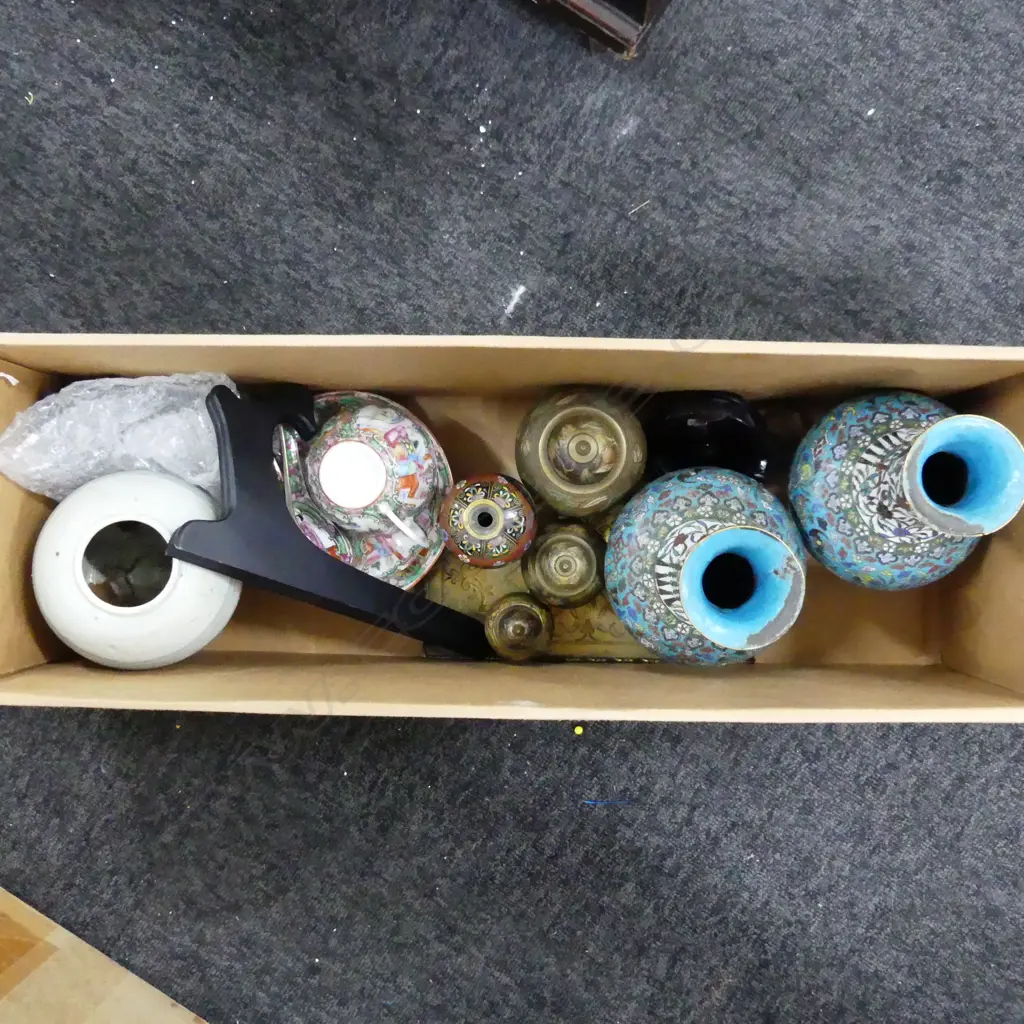 ASSTD ORIENTAL & MID EASTERN ITEMS, INCLDS 2 LRG DAMAGED CLOISONNE VASES, JAPANESE CLOISONNE VASE & FAMILLE ROSE ITEMS Image 1++