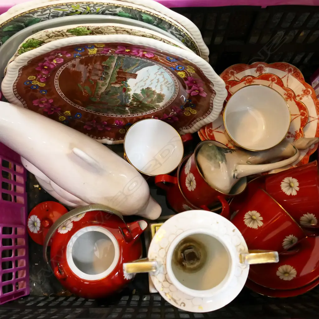CRATE / BOX LOT ASST. CERAMICS. INCL. RED NORITAKE, URN, WHITE CERAMIC DOLPHIN, PLATES ETC Image 1++