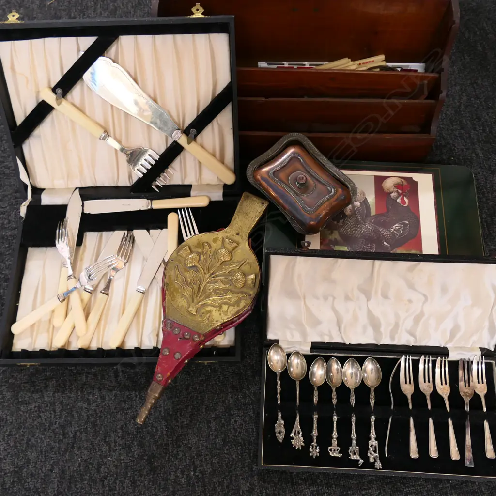 6 ASSTD DINING ITEMS, 1 BOXED SILVER PLATE FISH SET, BRASS & LEATHER FIRE BELLOWS, PLACEMATS ETC Image 1++