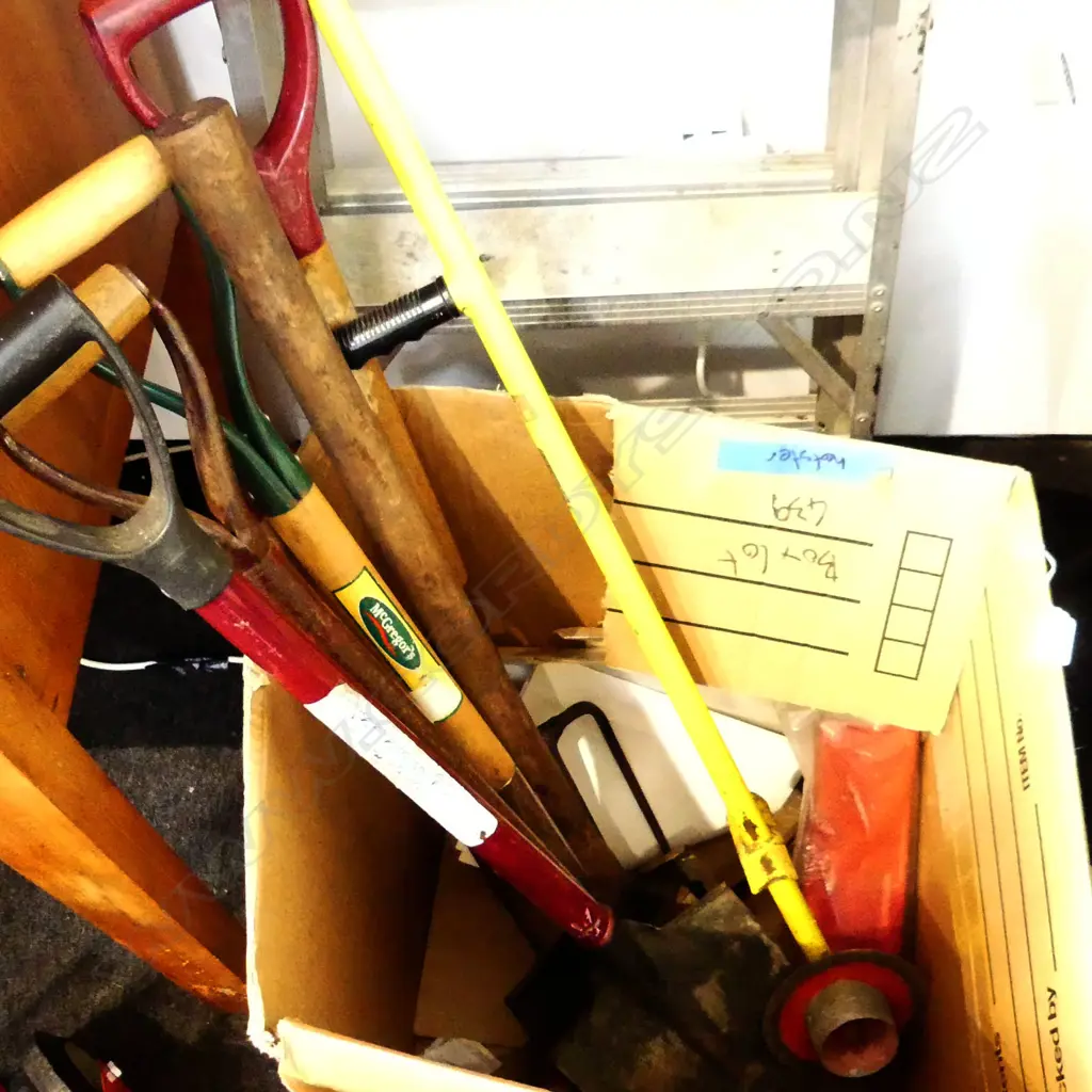 BOX GARDEN TOOLS: 3 SPADES. 1 PICK. FORK. EDGER ETC Image 1++