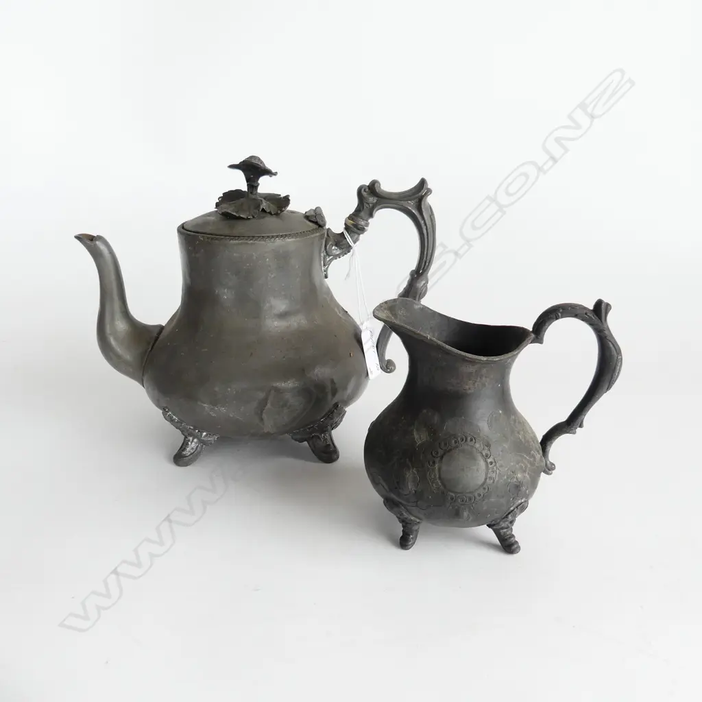 2 PCS, PEWTER TEAPOT WITH FLORAL (DENTED) & MILK JUG Image 1++