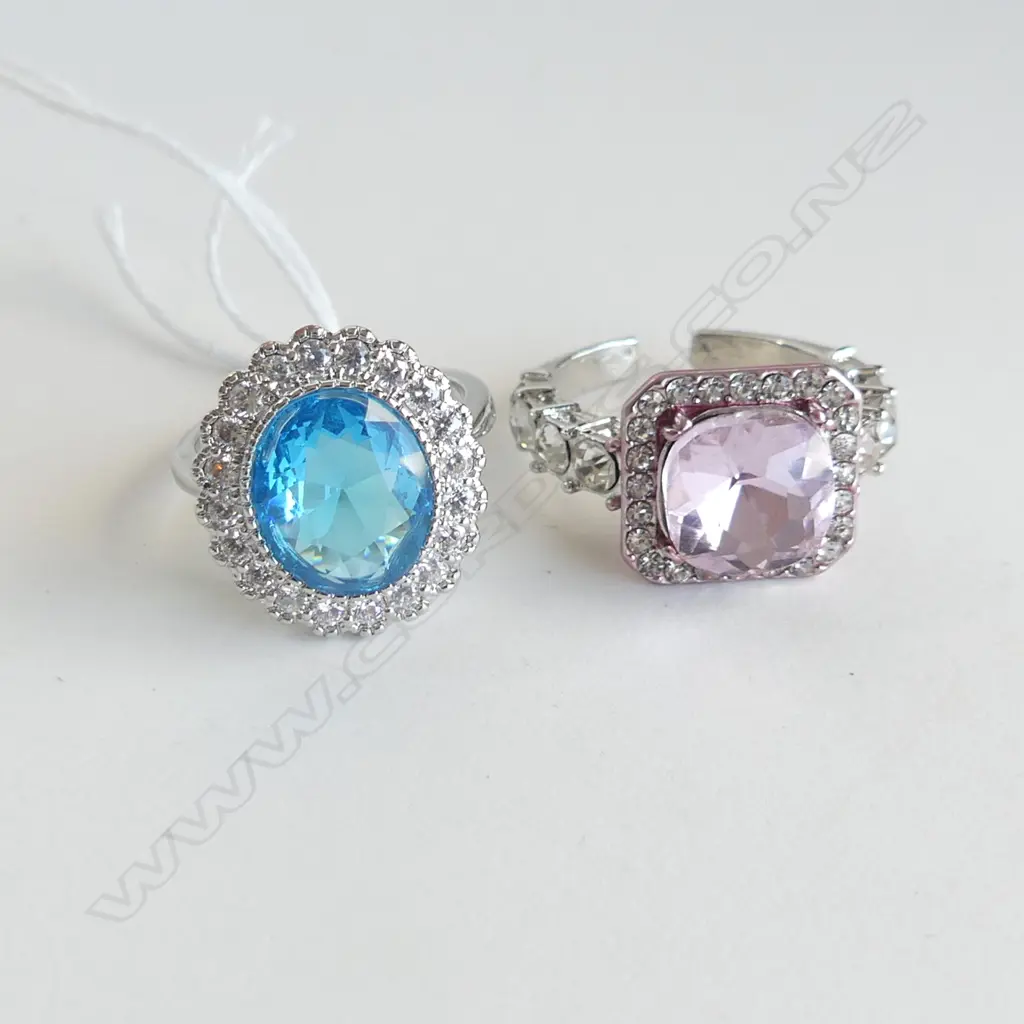 2 SILVER PLATE DRESS RINGS;  FAUX TURQUOISE & DIAMANTES & PINK STONE & DIAMANTES Image 1++