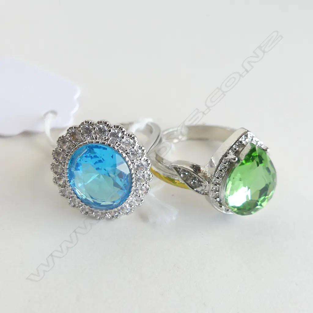 2 SILVER PLATE DRESS RINGS; GREEN & DIAMANTE & TURQUOISE & DIAMANTE  Image 1++