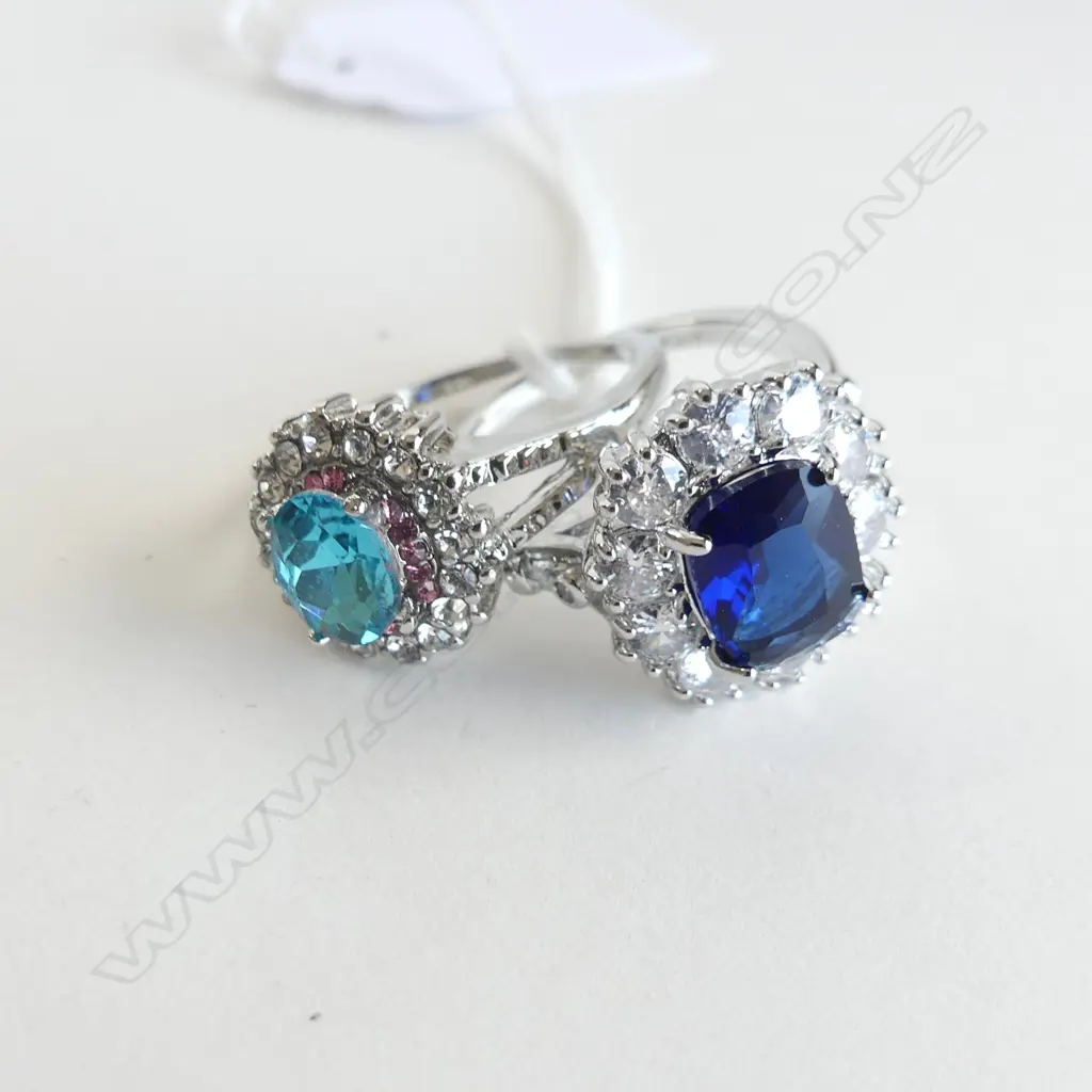 2 SILVER PLATE DRESS RINGS; FAUX SAPPHIRE & DIAMANTES & FAUX TURQUOISE & DIAMANTES Image 1++