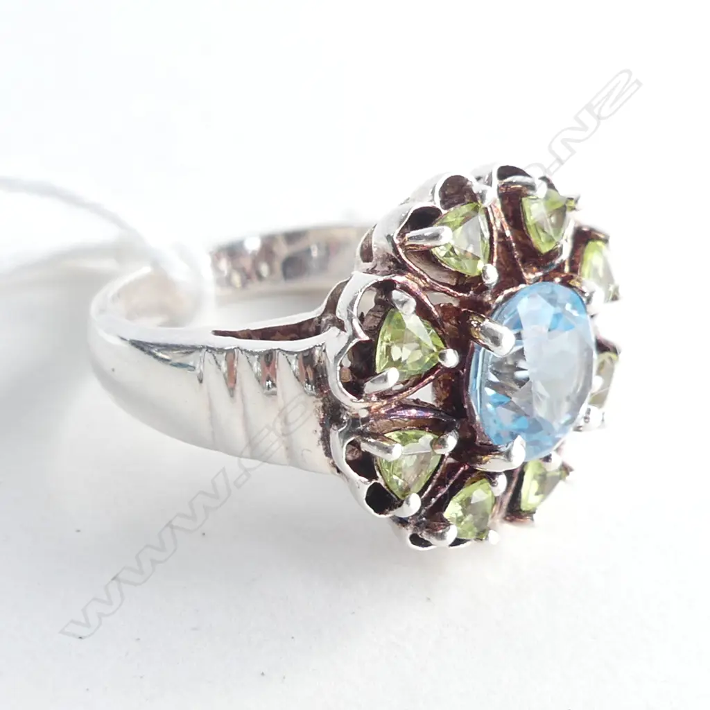 UNIQUE 925 SILVER RING WITH AQUAMARINE ? & GREEN STONES Image 1++