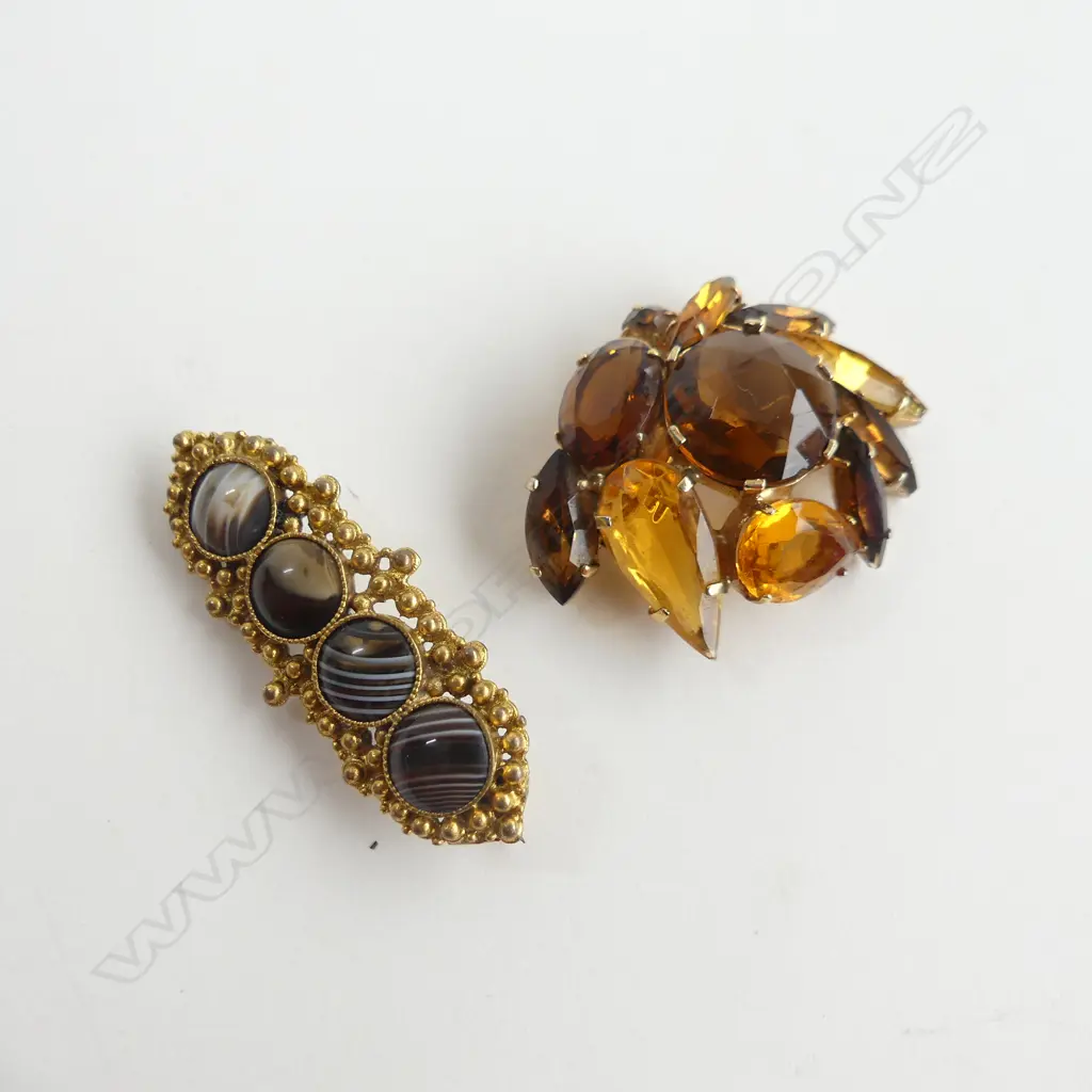 2 BROOCHES; BANDED AGATE & COSTUME Image 1++