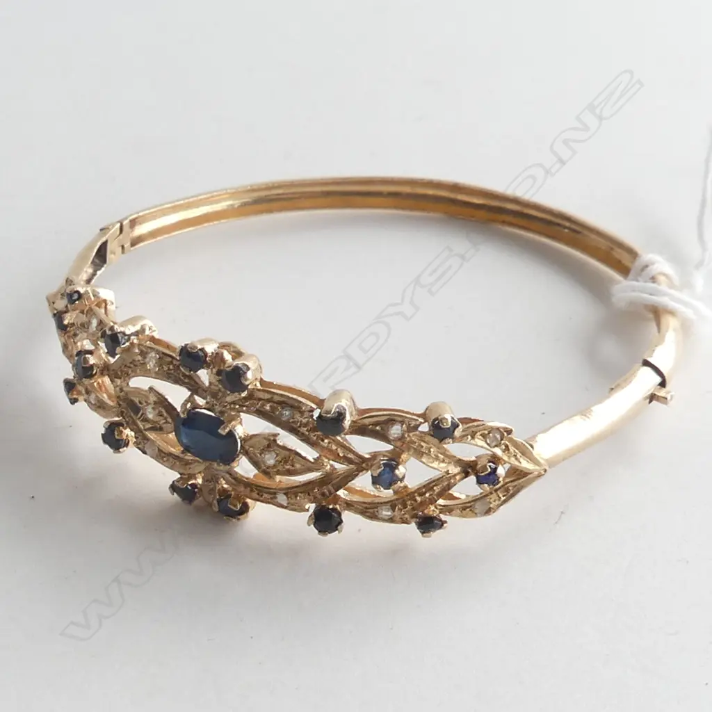 14k GOLD BANGLE SAPPHIRE & DIAMONDS 1 MISSING 9.68gms Image 1++