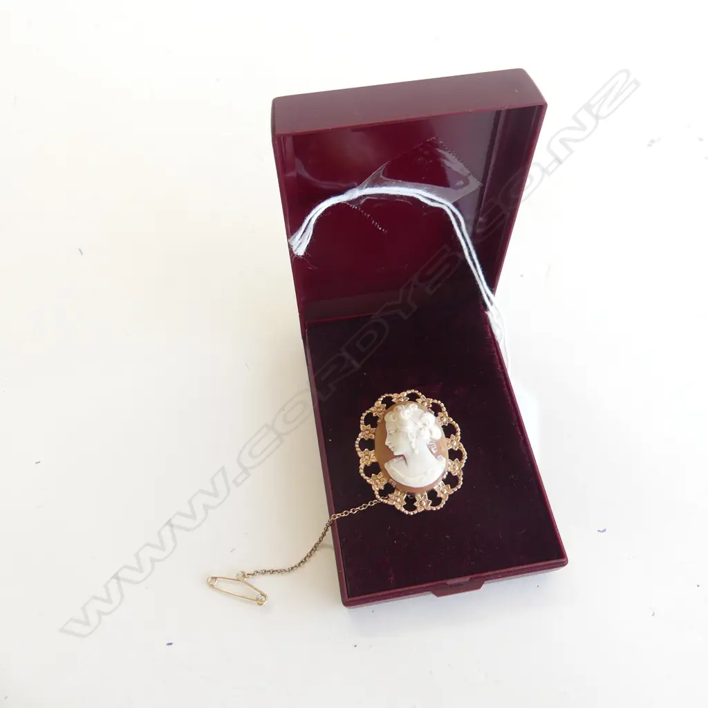 9CT GOLD OVAL CAMEO BROOCH W SAFETY CHAIN (DIA 35MM) 6.04GMS Image 1++