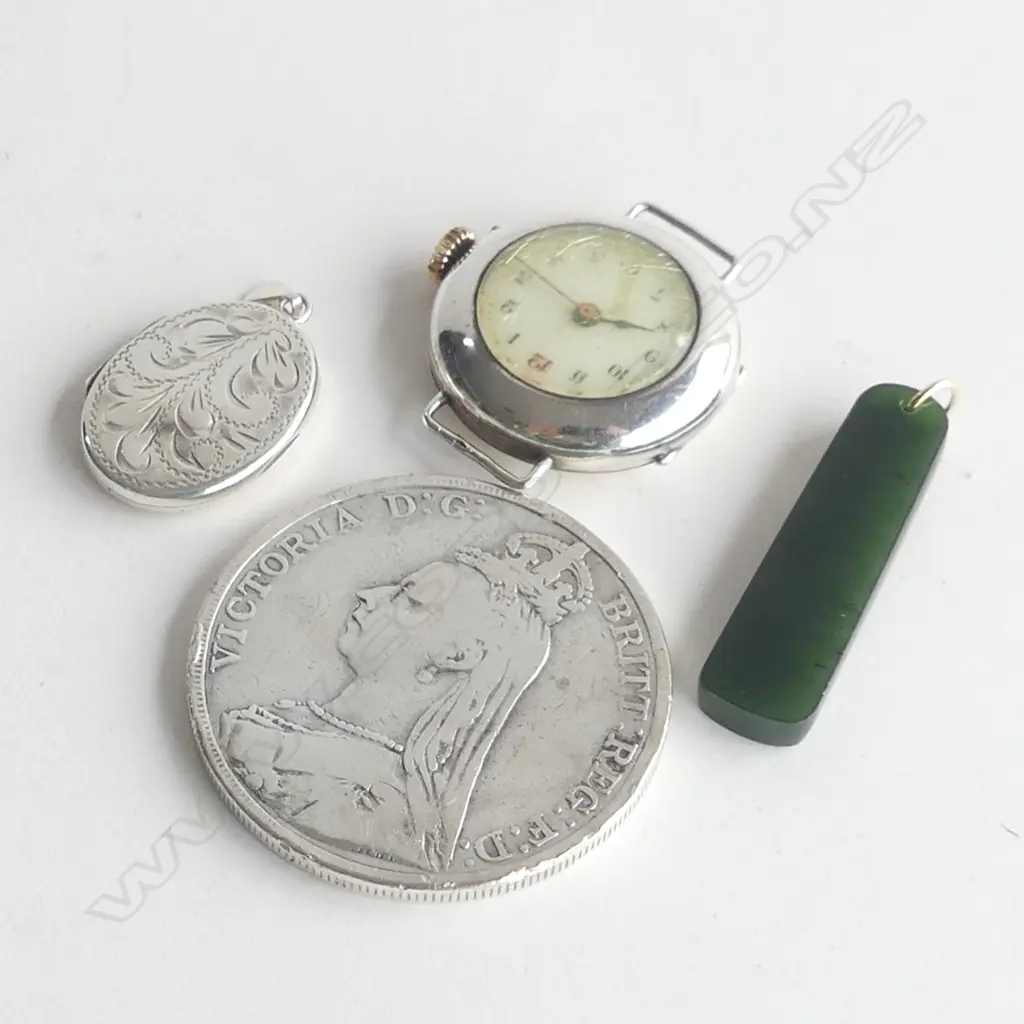 4 STG SILVER ITEMS; 1889 COIN, GREENSTONE PENDANT, OLD WATCH & LOCKET  Image 1++