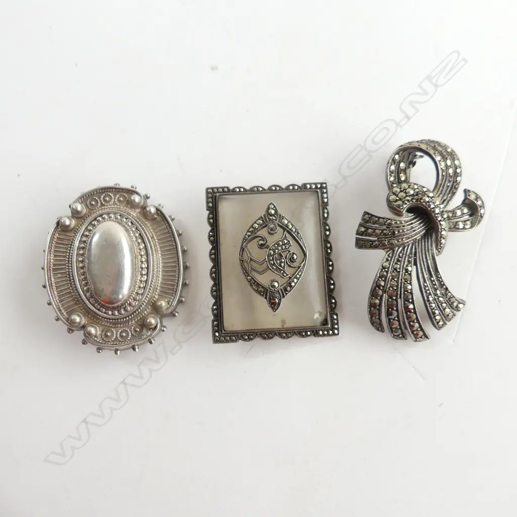 3 BROOCHES; 2 MARCASITE + VICTORIAN STG SILVER Image 1++
