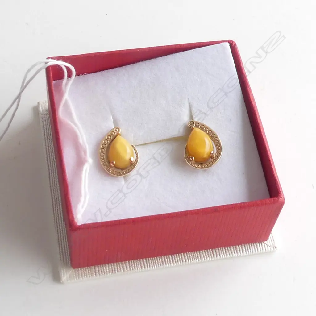 PR 9CT GOLD & YELLOW AVENTURINE STONE EARRINGS  Image 1++