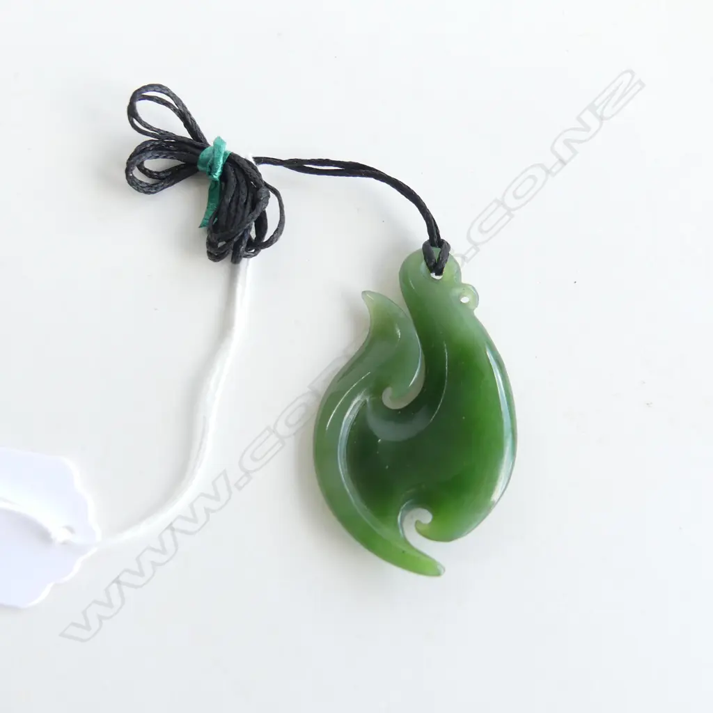 POUNAMU (GREENSTONE) FISH HOOK PENDANT (L60MM) ON BLACK WAXED ADJUSTABLE CORD (carved by Ross Crump) Image 1++