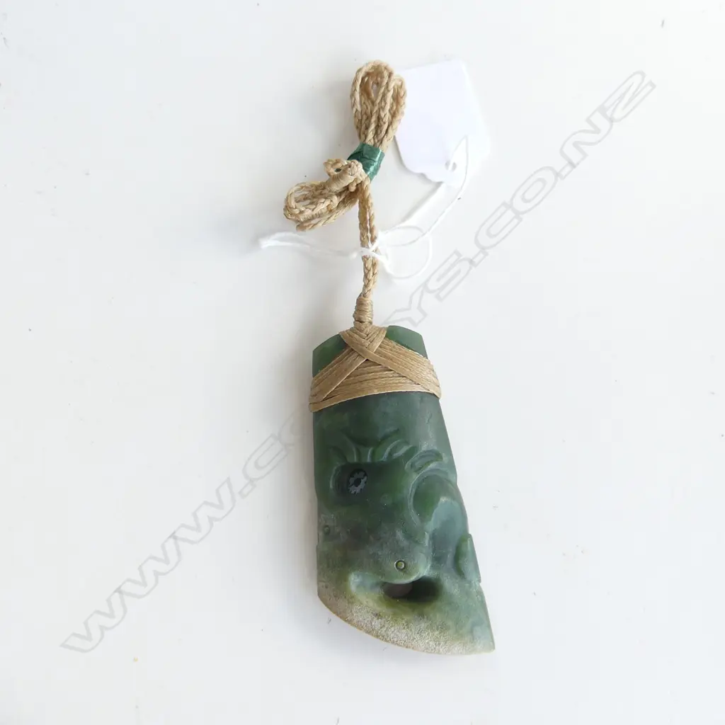 NZ POUNAMU (GREENSTONE) LG MANAIA TOKI PENDANT (L80MM) ON TAN WAXED ADJUSTABLE CORD Image 1++