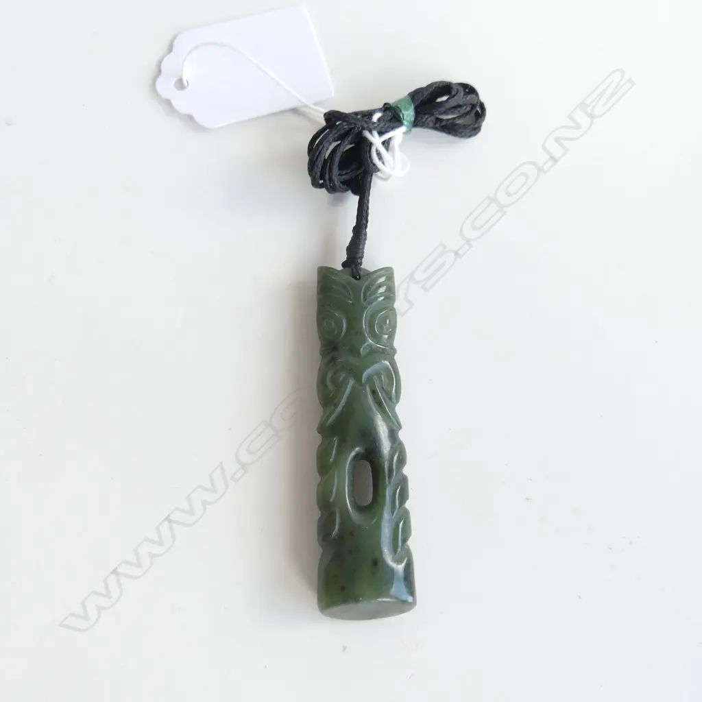 NZ POUNAMU (GREENSTONE) TIKI DROP CARVED PENDANT (L70MM) ON BLACK WAXED ADJUSTABLE CORD Image 1++