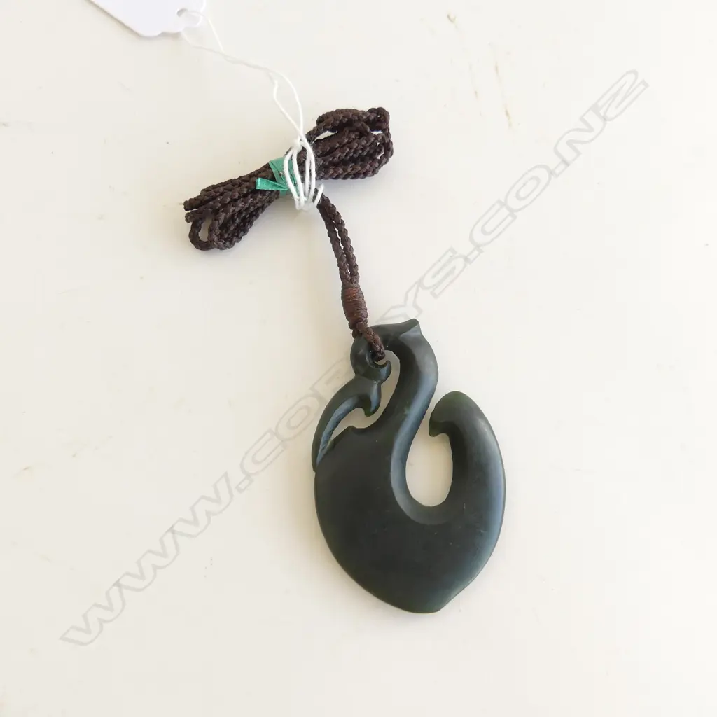 NZ POUNAMU (GREENSTONE) FISH HOOK PENDANT (L65MM) ON BROWN WAXED ADJUSTABLE CORD Image 1++