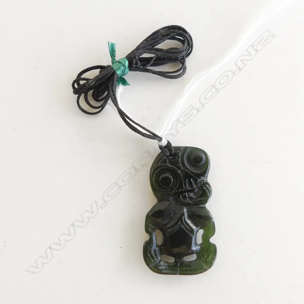 NZ POUNAMU (GREENSTONE) SM TIKI PENDANT (L40MM) ON BLACK WAXED ADJUSTABLE CORD Image 1++