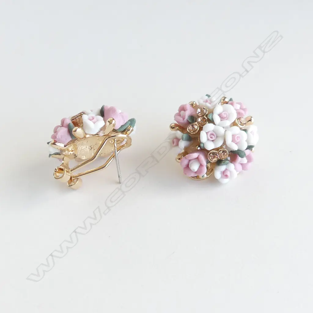 PR ROUND FLORAL CLIP OR POST EARRINGS + TEAR DROP FAUX DIAMOND PENDANT & SILVER TONE CHAIN Image 1++