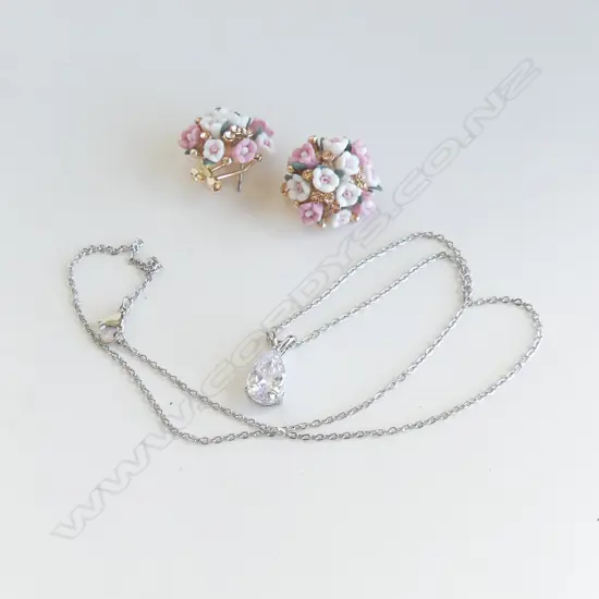 PR ROUND FLORAL CLIP OR POST EARRINGS + TEAR DROP FAUX DIAMOND PENDANT & SILVER TONE CHAIN