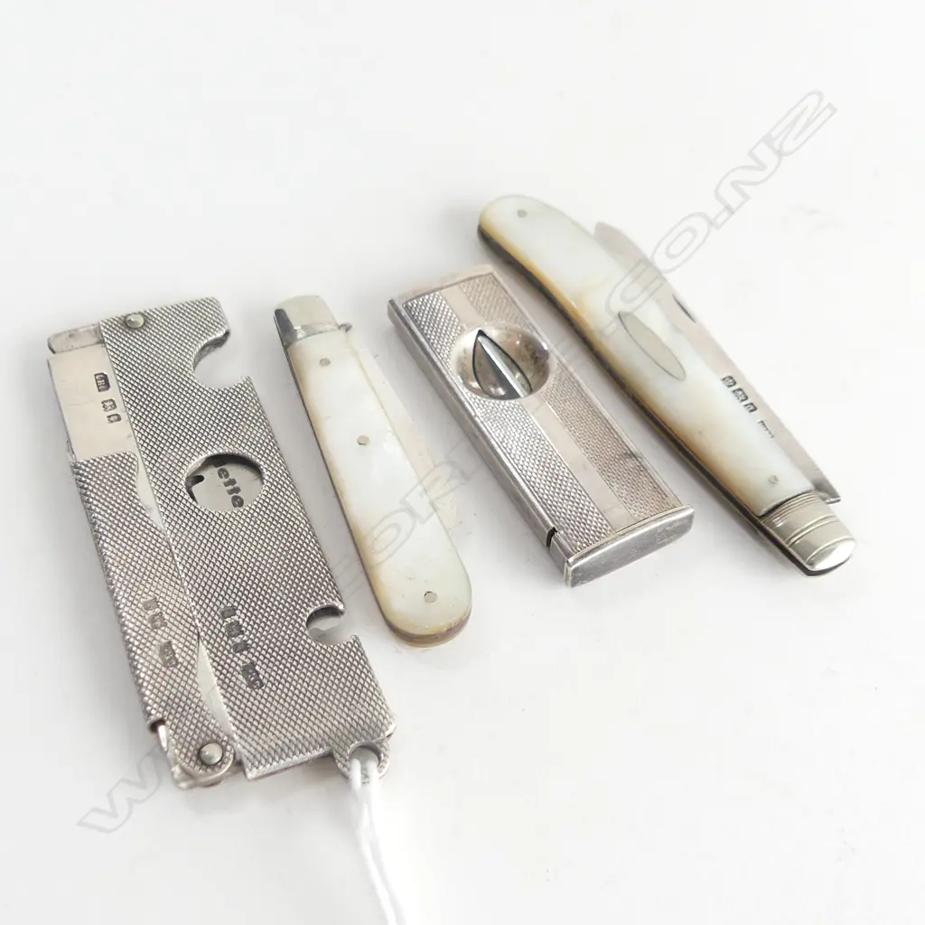 4 STG ITEMS; 2 MoP POCKET KNIVES + CIGAR CUTTER & BLADE HOLDER Image 1++