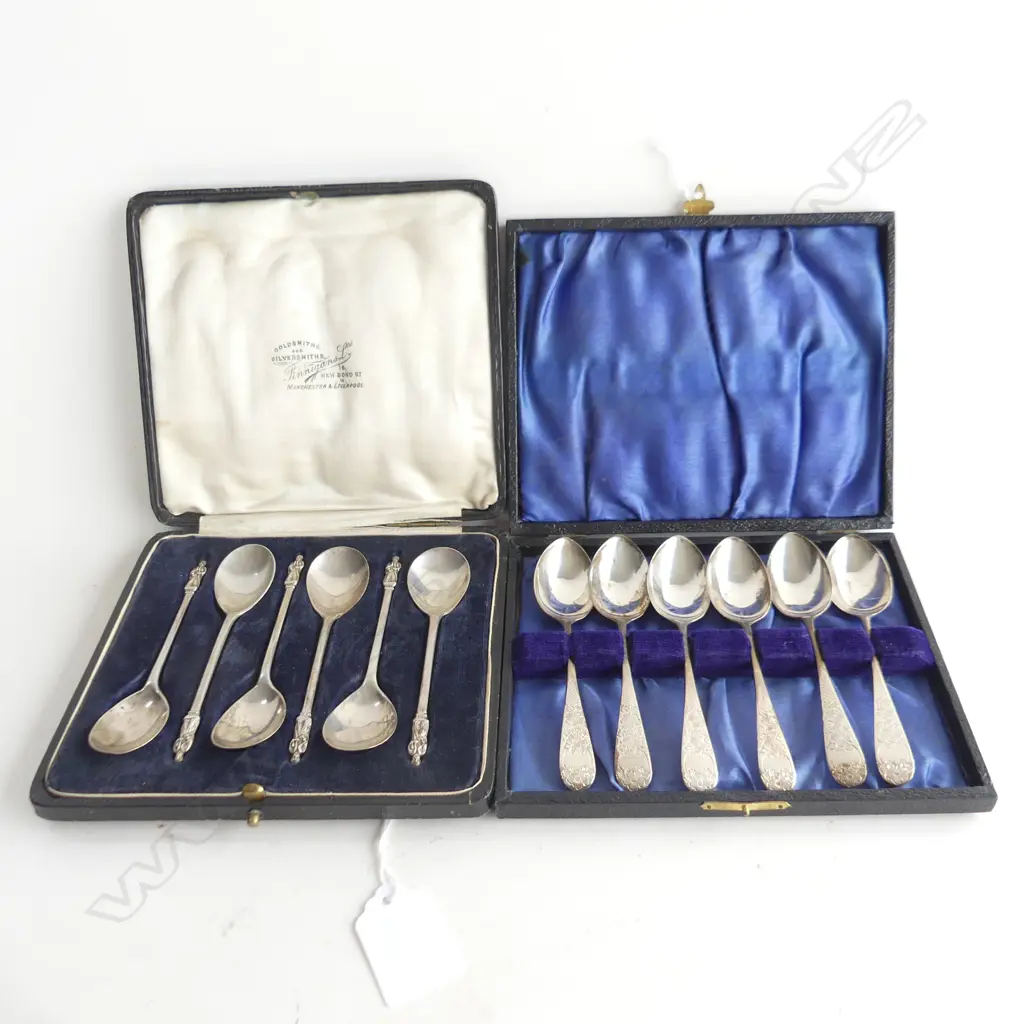 2 SETS 6 CASED STG SPOONS; APOSTLE & FLORAL 138 GRAMS Image 1++