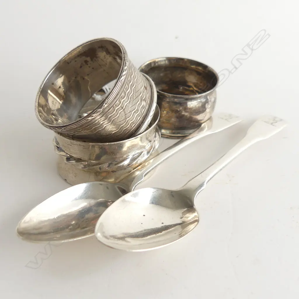 3 STG SILVER NAPKIN RINGS + PR STG GEORGIAN TEASPOONS 97 GRAMS Image 1++