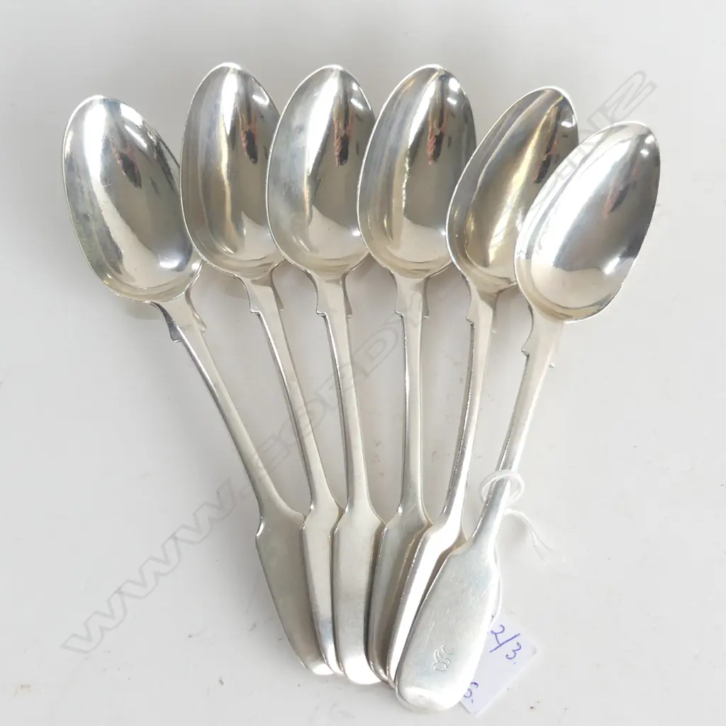 6 STG SILVER FIDDLE PATTERN DESSERT SPOONS ENGRAVED 'S' ROBERT WILLIAMS EXETER 1846 261 GRAMS Image 1++