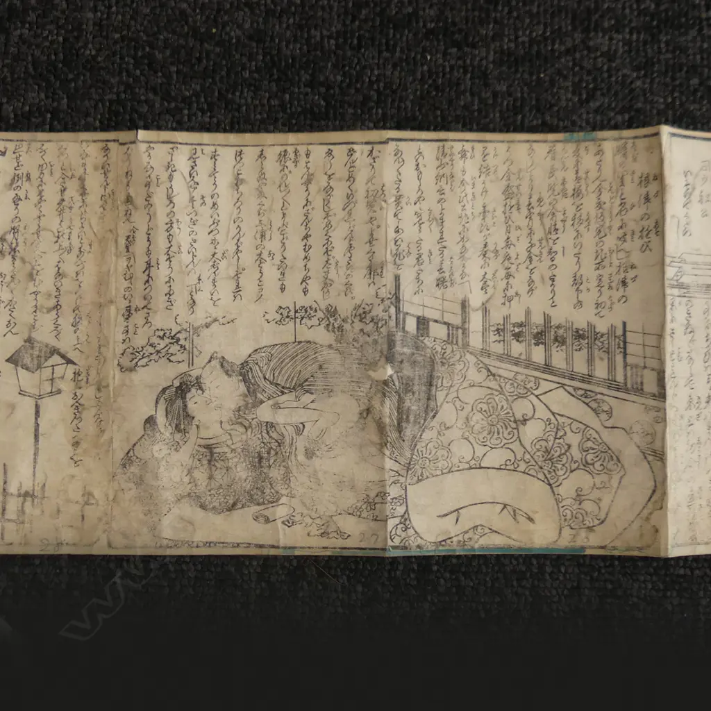 19thC JAPANESE B&W WOODBLOCK SHUNGA (EROTIC ART) SCROLL. 3000 x 160mm Image 1++