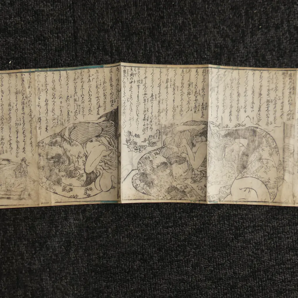 19thC JAPANESE B&W WOODBLOCK SHUNGA (EROTIC ART) SCROLL. 3000 x 160mm Image 1++
