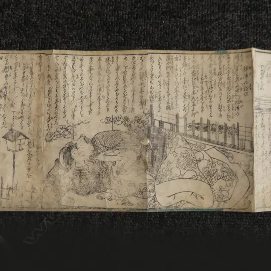 19thC JAPANESE B&W WOODBLOCK SHUNGA (EROTIC ART) SCROLL. 3000 x 160mm