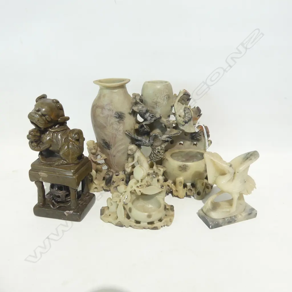 4 ASST ORIENTAL CARVINGS; SOAPSTONE ETC. LARGEST 210mm x 160mm Image 1++