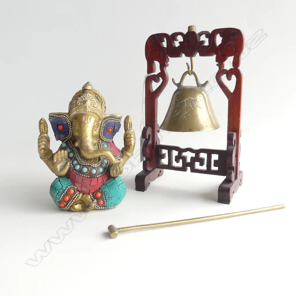 BRASS INDIAN GANESH + BRASS BELL w. STRIKER IN WOODEN STAND H.170mm Image 1++