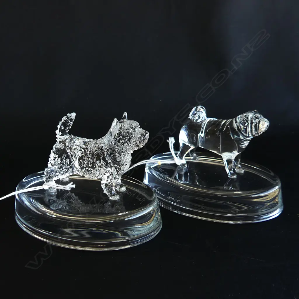 2 GLASS STATUETTES; PUG DOG & WEST HIGHLAND TERRIER (WESTIE) - SIGNED & DATED 'NEIL HARRIS 2016/17' Image 1++