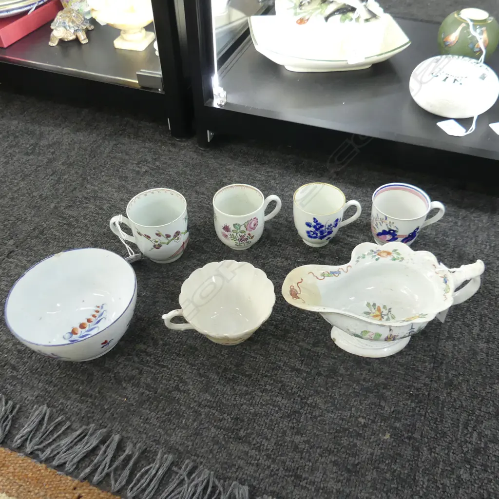 8 PCES 18/19thC PORCELAIN; SAUCE BOAT, 5 COFFEE CANS, TEA CUP, BOWL Image 1++